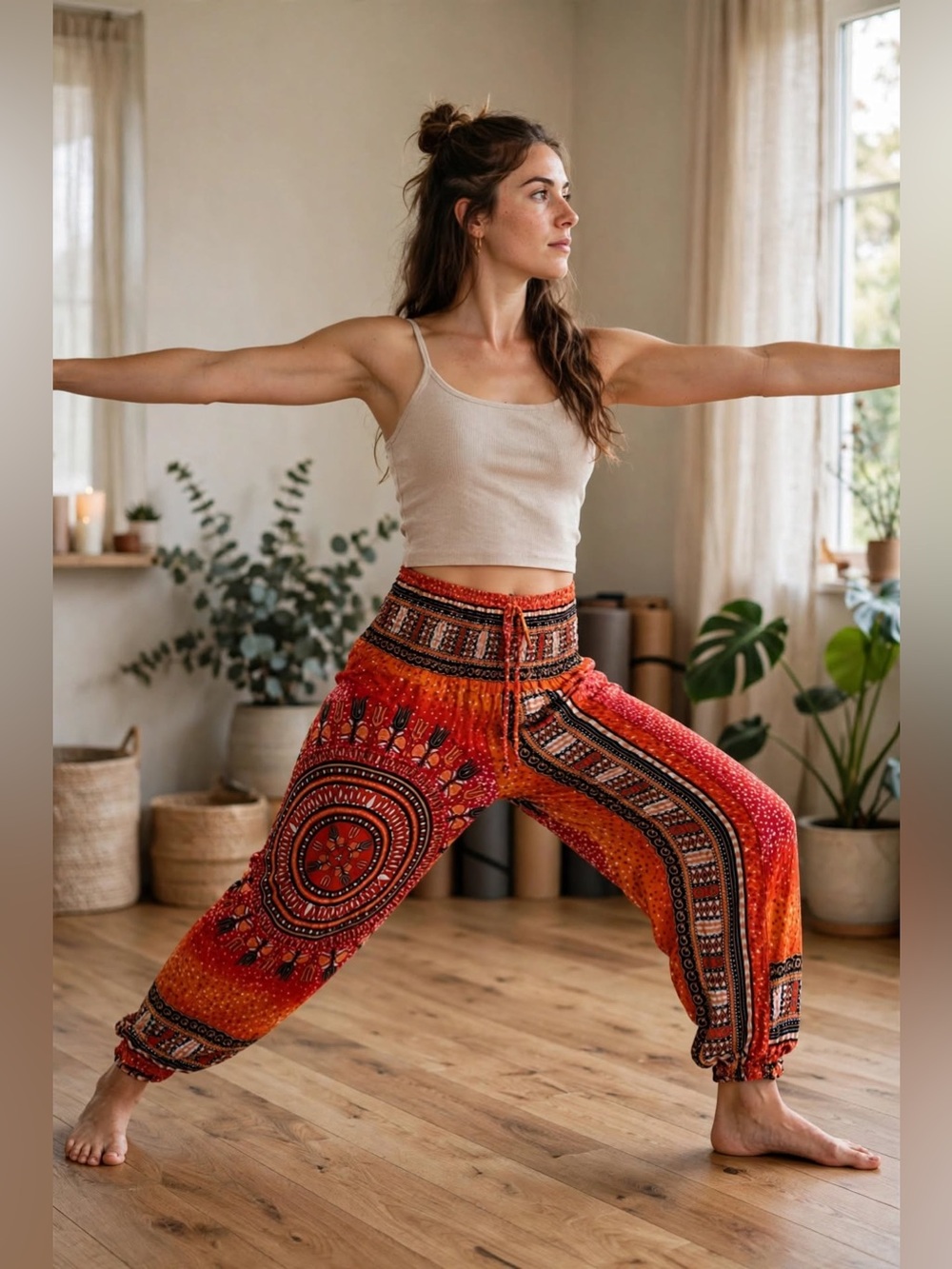 Bangkok Pants One Size Orange Red Boho Wide Leg Harem Pants Smocked Waist